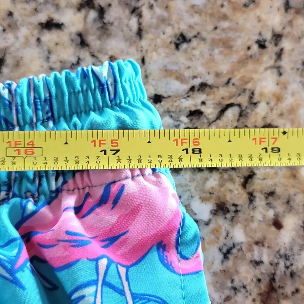 Hot Coals Mens Lined Board Shorts or Swim Trunks Tropical Teal Flamingos Sz: XL